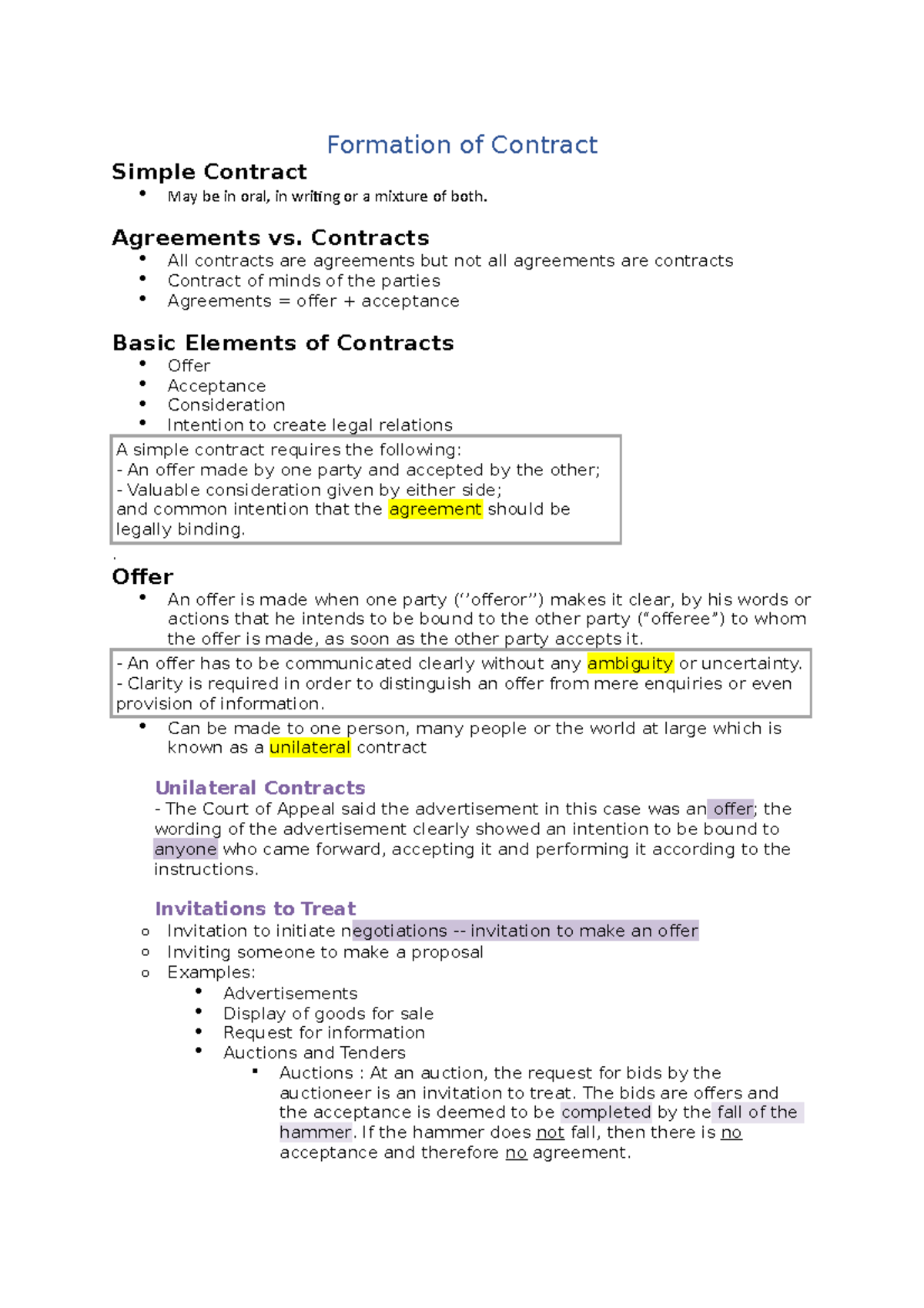 Business Law notes - Formation of Contract Simple Contract May be in ...