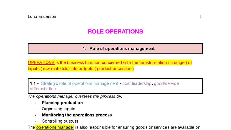 Y12 Business: Operations Management Notes and Strategic Role Analysis ...