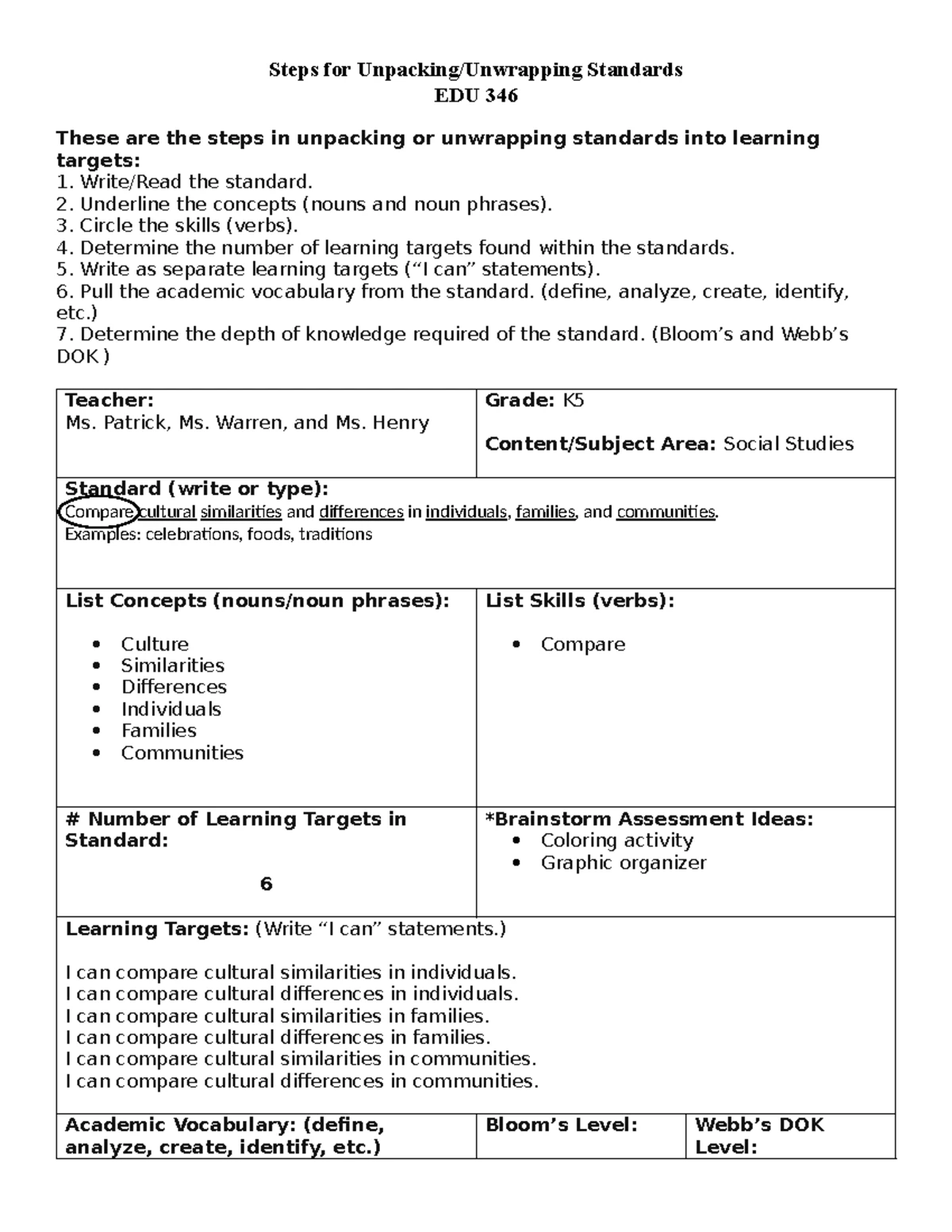 EDU 346 Social Studies: Unpacking Standards for Learning Targets - Studocu