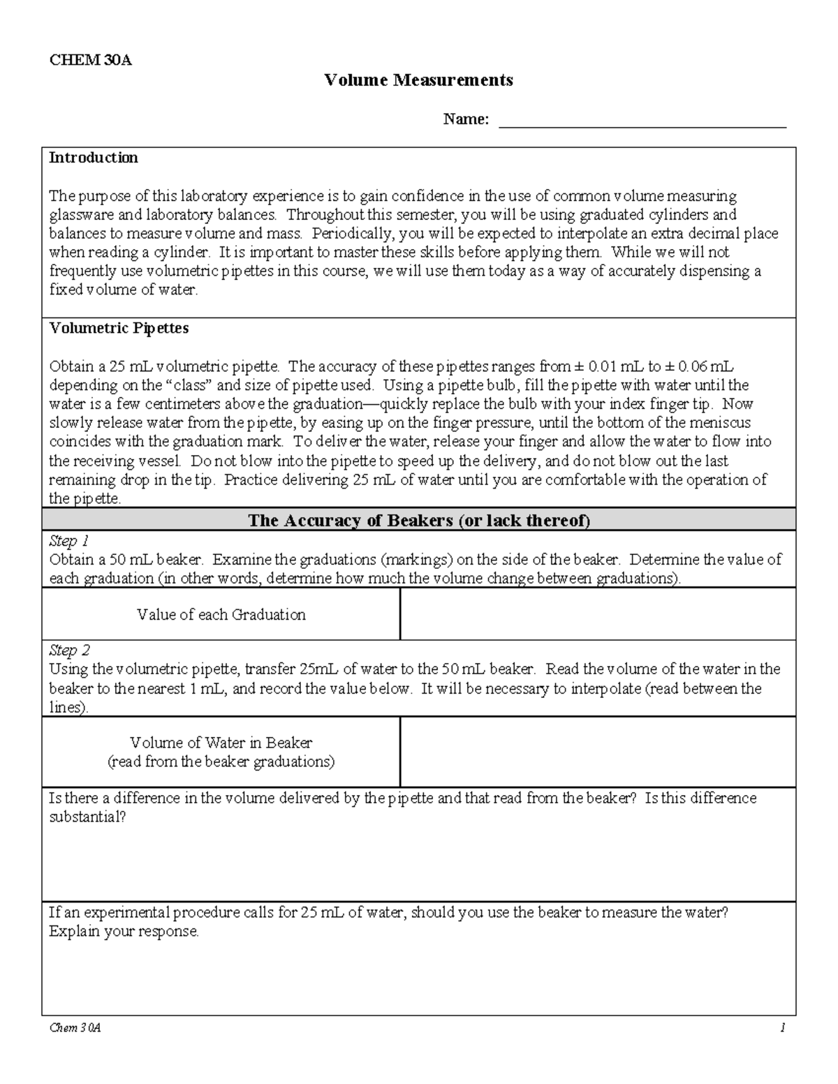 CHEM 30A Volume Measurement Laboratory Guide - Studocu