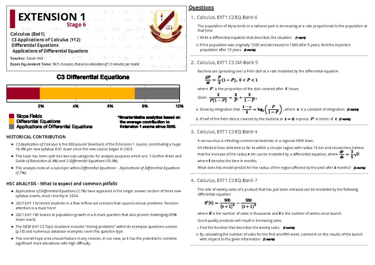 PAST HSC - Differential Equations EXT1 C3 Study Guide - Studocu