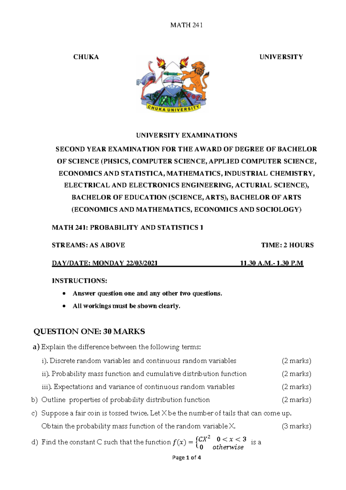 MATH 241: Probability and Statistics I Exam Paper, Jan-April 2021 - Studocu