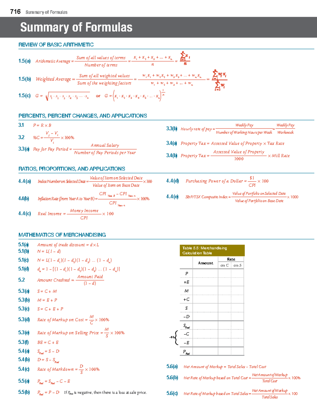 BMAT 716 Summary of Formulas for Basic Arithmetic and Applications ...