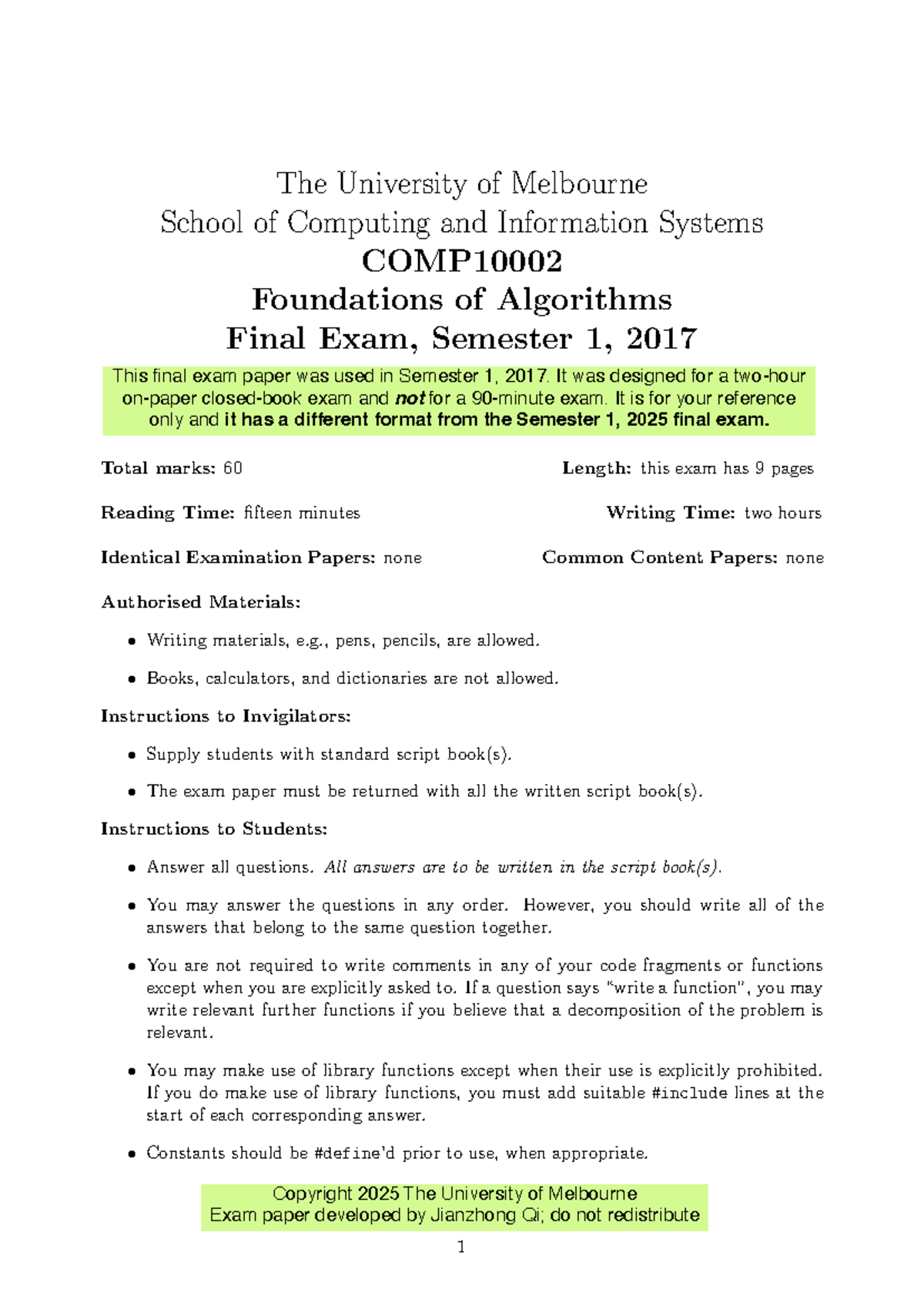Foundations of Algorithms (COMP90038) Final Exam Paper, Semester 1 ...