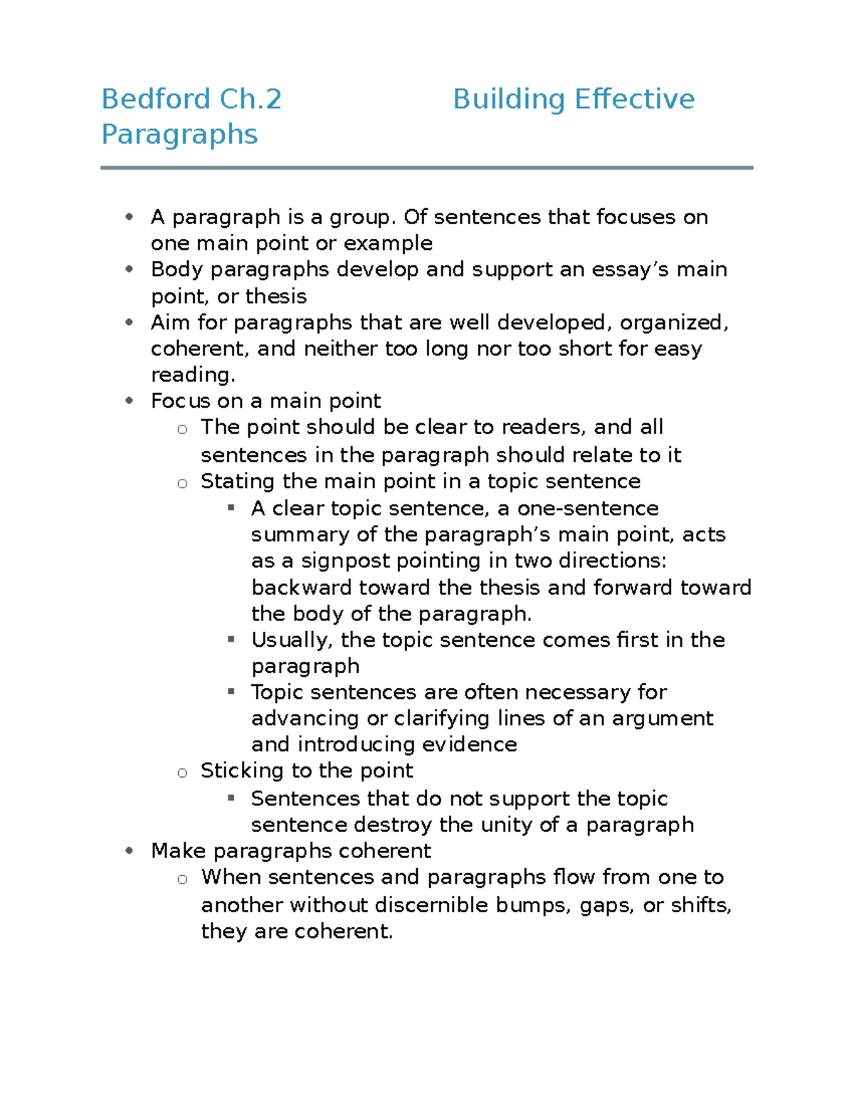 ENG - 101 Bedford Chapter 2 Notes: Building Effective Paragraphs - Studocu