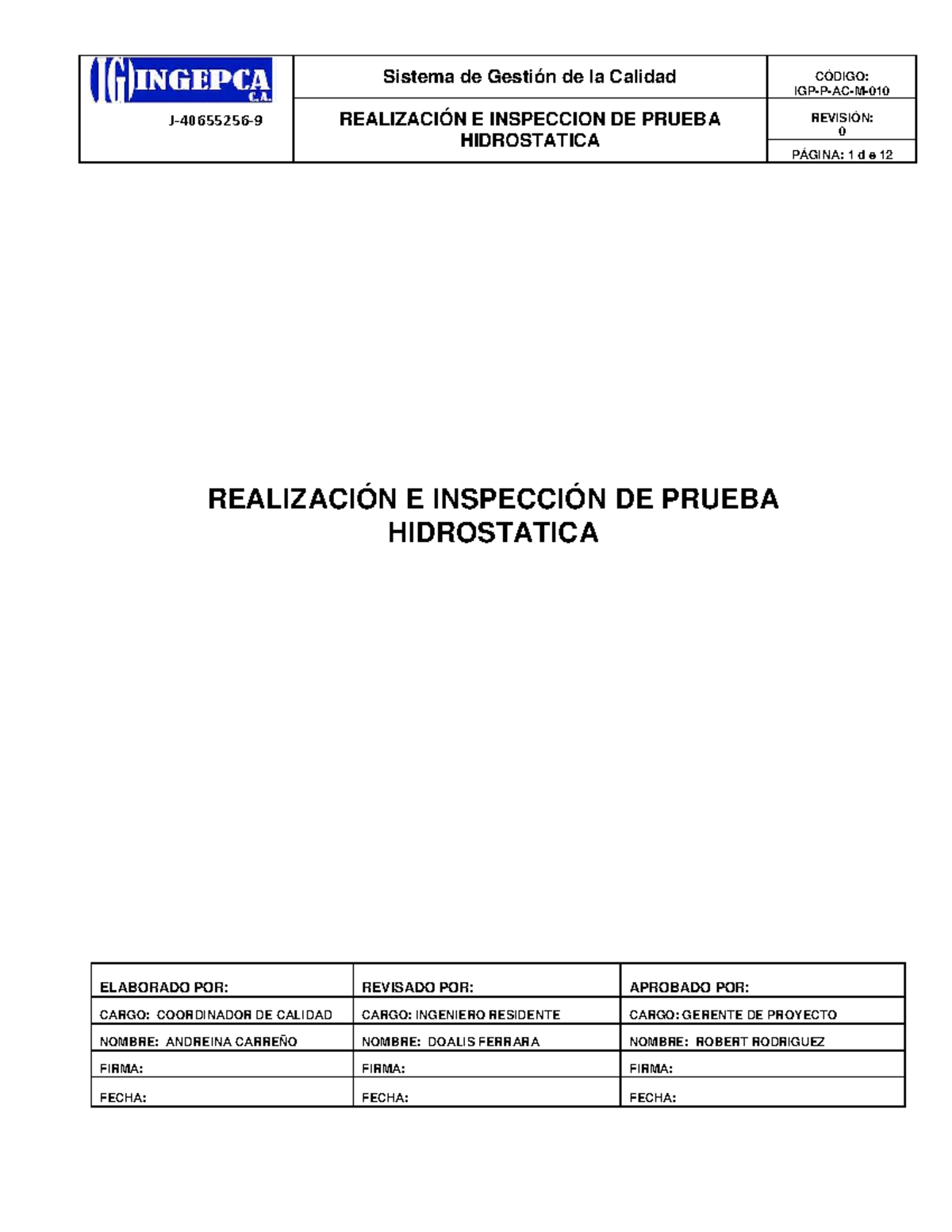 Procedimiento de Prueba Hidrostática CÓDIGO: PH-2023 - Document Preview