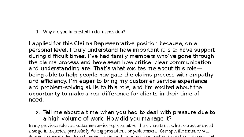 Claims Representative Interview Preparation Notes - Studocu