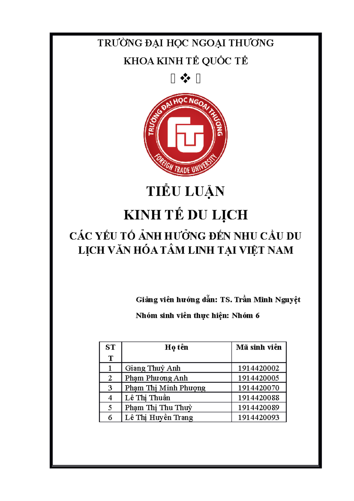 Tiểu luận NHÓM 6: Ảnh hưởng đến Nhu cầu Du lịch Tâm linh tại Việt Nam - Document Preview