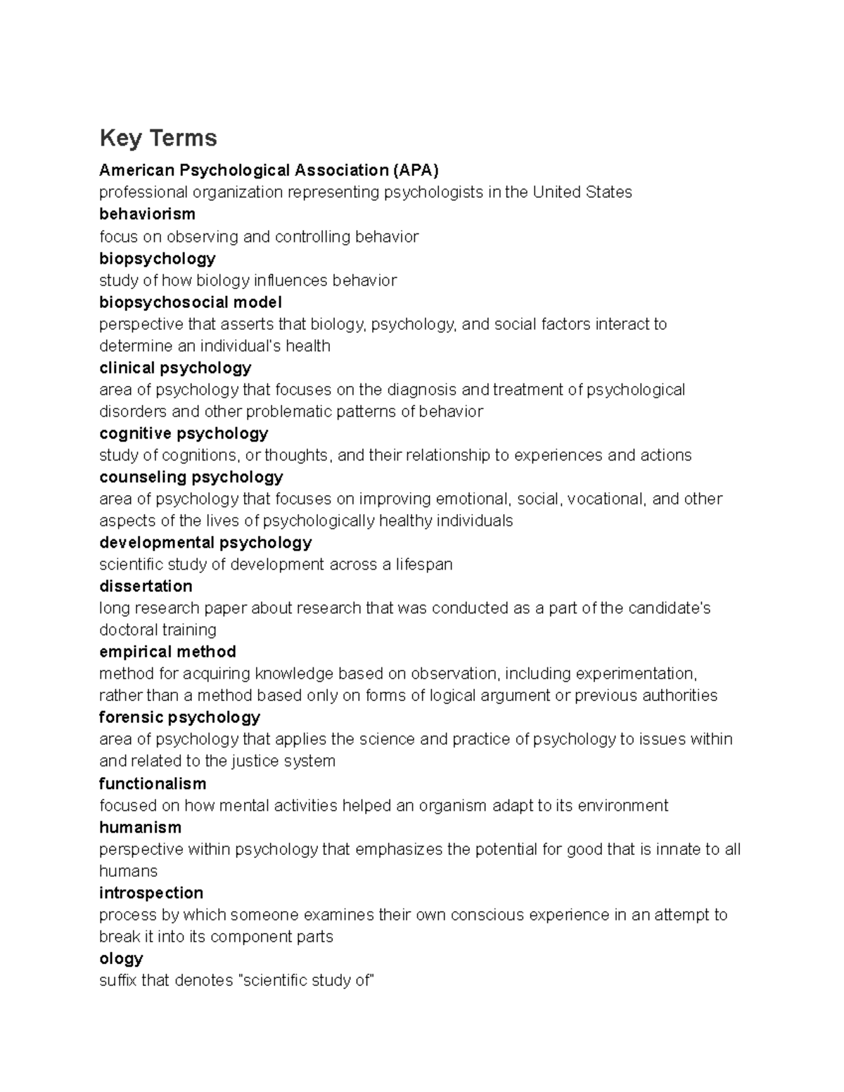 Key Terms in Psychology: Definitions and Concepts - Studocu