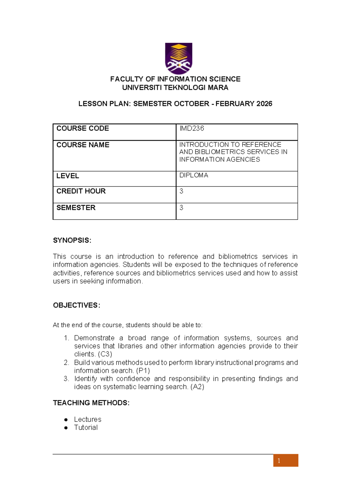 IMD236 Lesson Plan: Introduction to Reference & Bibliometrics (Oct-Feb ...