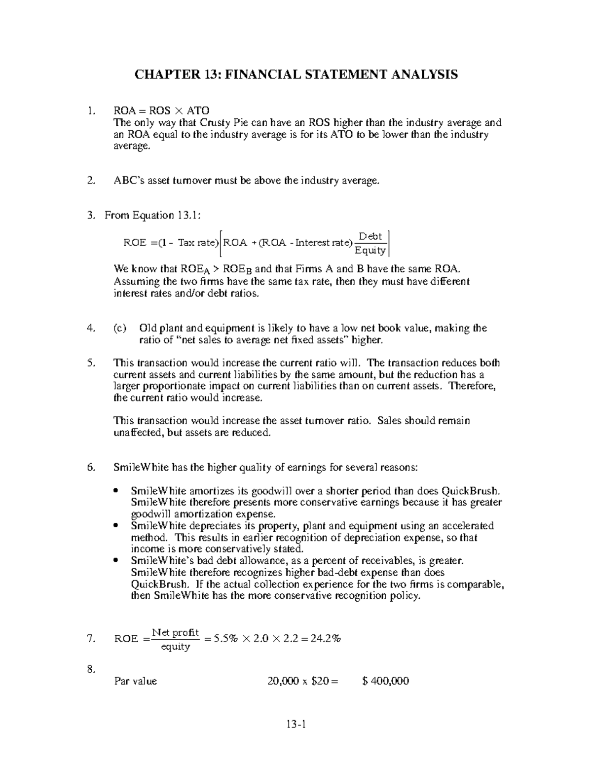 Ch 13 sol - Chapter 13 Financial Statement Analysis - CHAPTER 13 ...