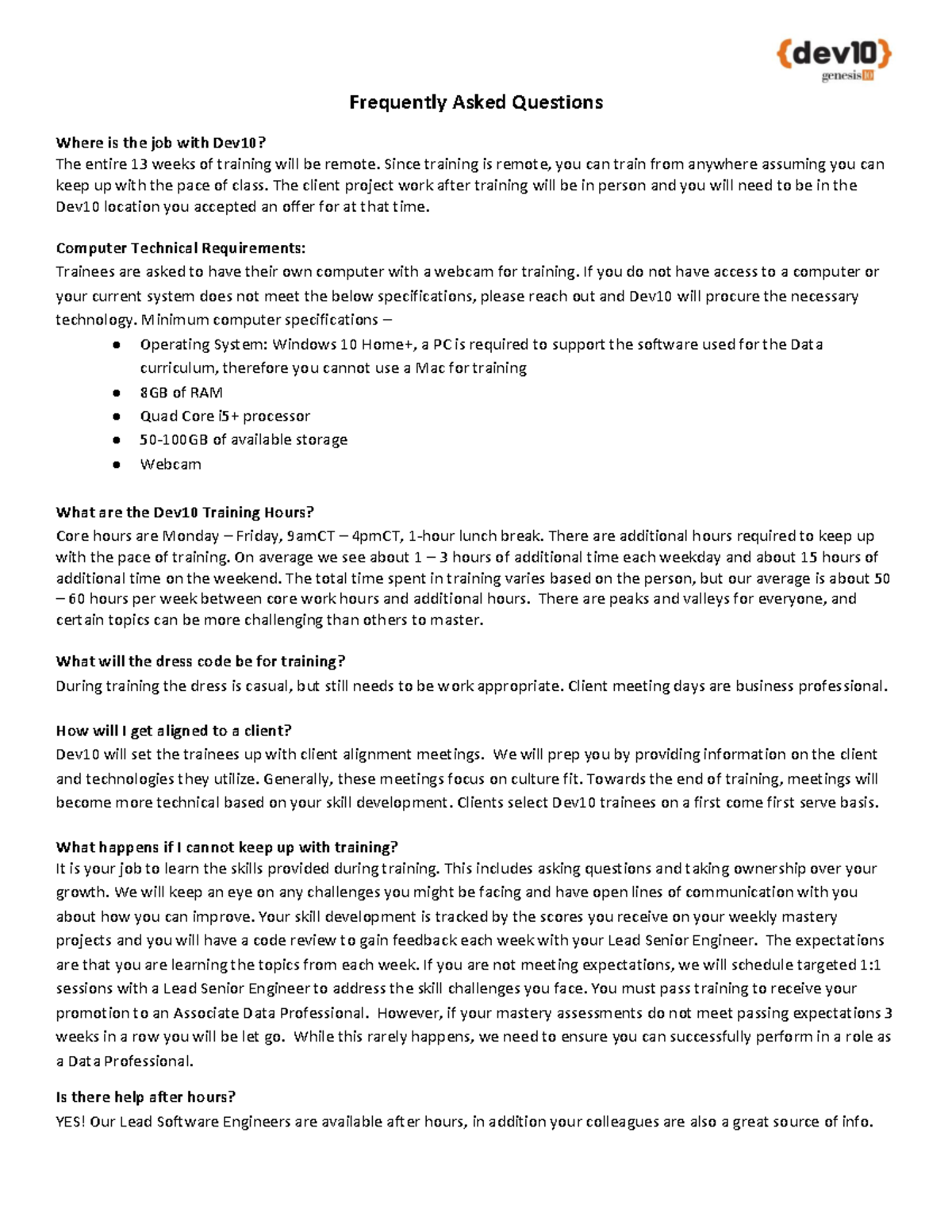 DEV10 FAQ - DATA - Training Details and Technical Requirements - Studocu
