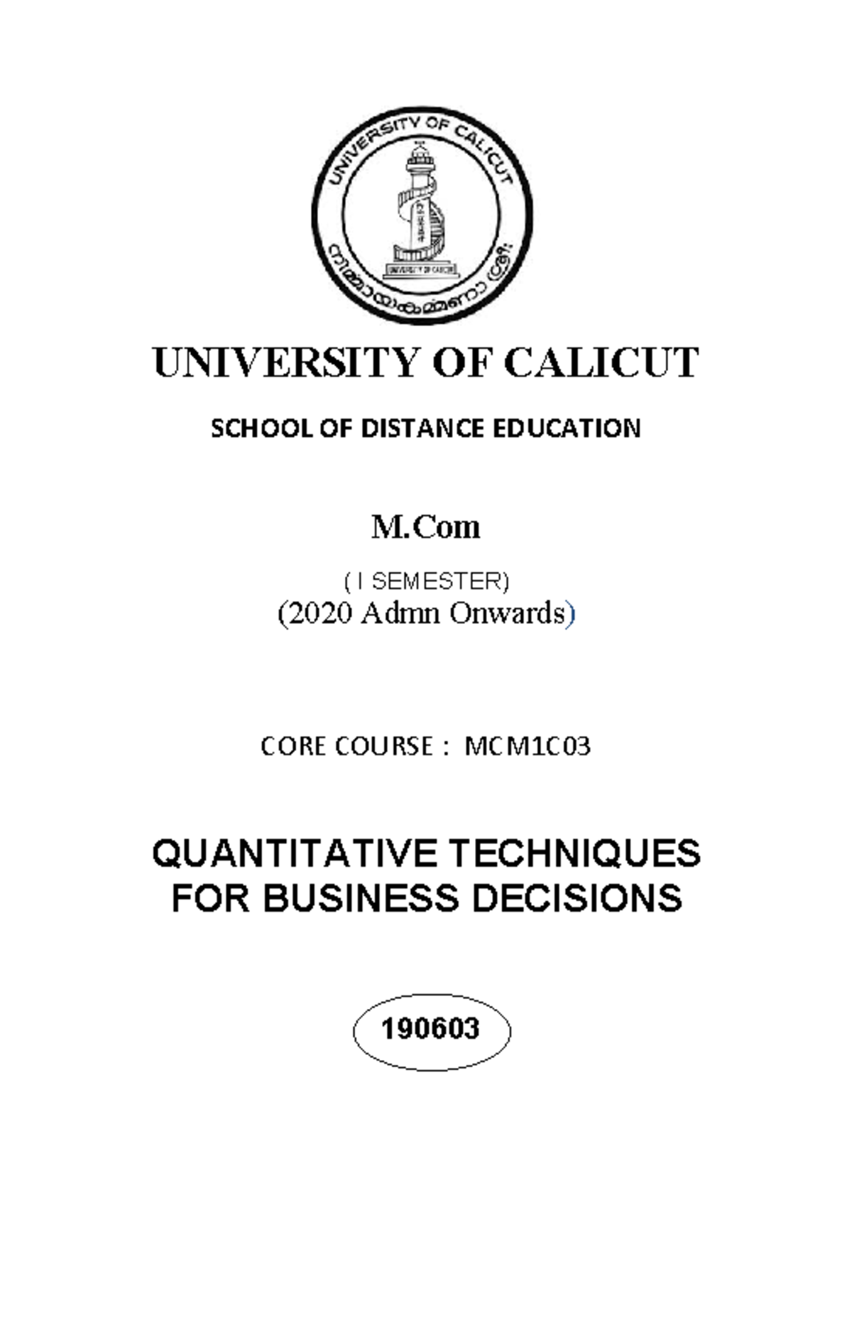 M.Com Core Course MCM1C: Quantitative Techniques Study Guide - Studocu
