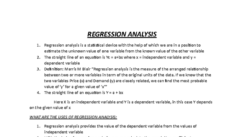 REGRESSION ANALYSIS - Sums and Applications in Statistics - Studocu