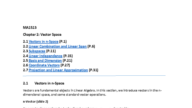 MA1513 Chapter 2: Vectors, Linear Combinations, and Subspaces - Studocu