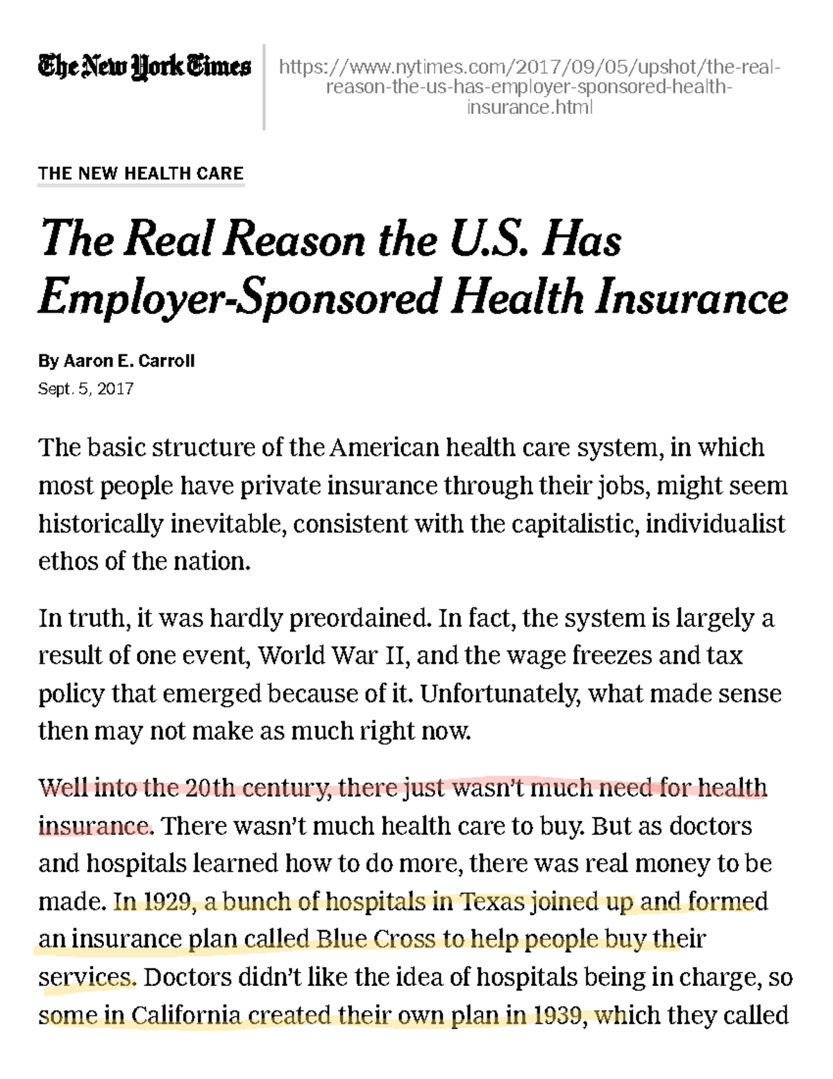 HIST 101: The Evolution of Employer-Sponsored Health Insurance in the U ...