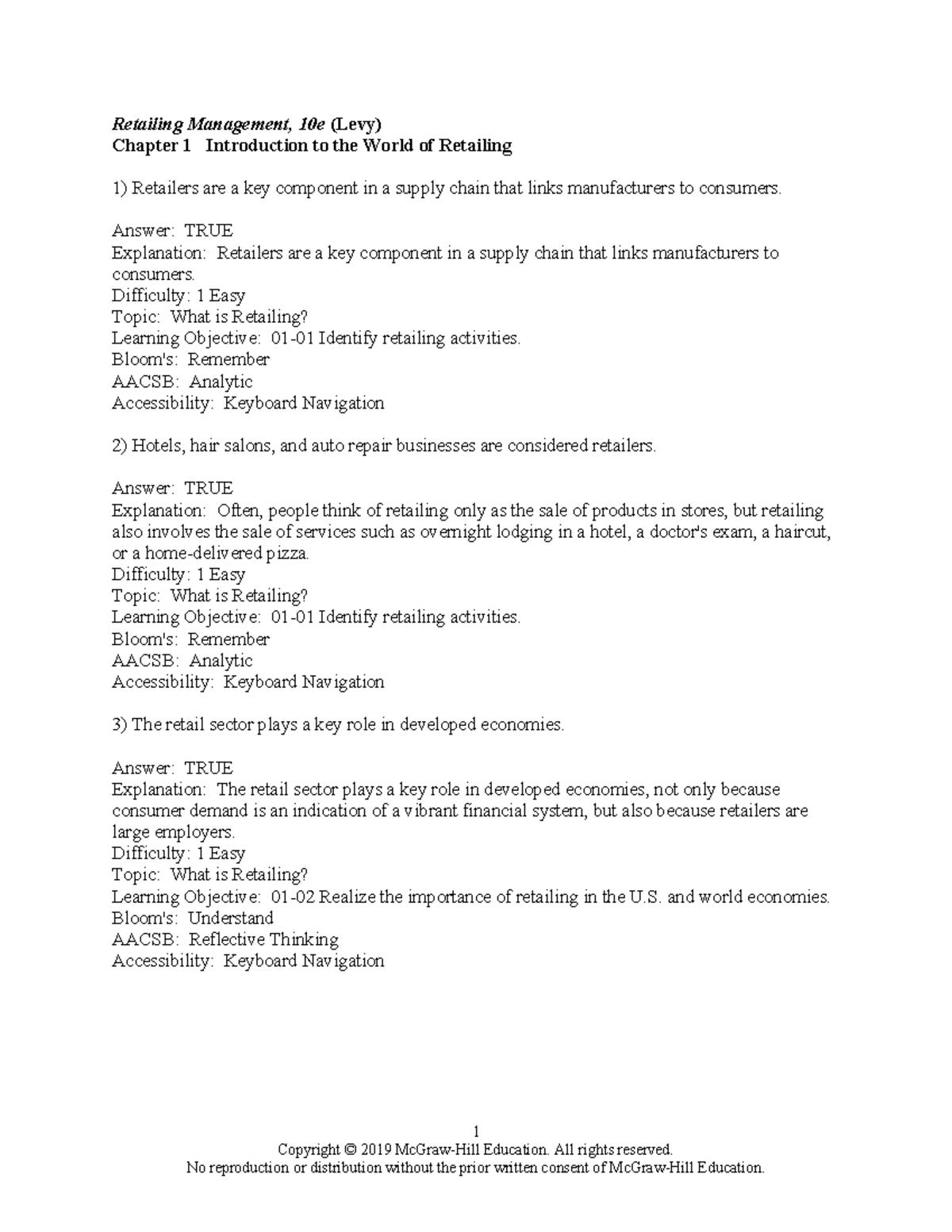 Chapter 01 Introduction to Retailing - Answer Key (Retailing Mgt 10e ...