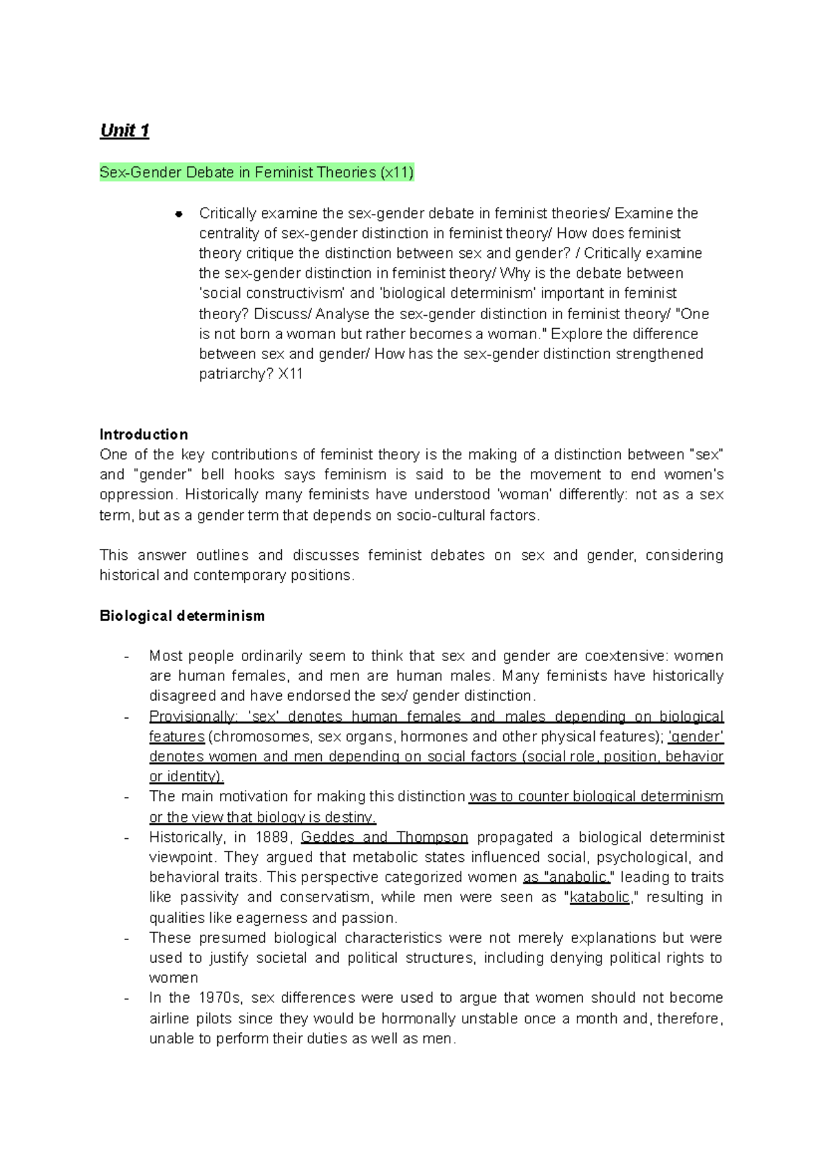 Unit 1: Feminism and the Sex-Gender Distinction Summary Notes - Studocu
