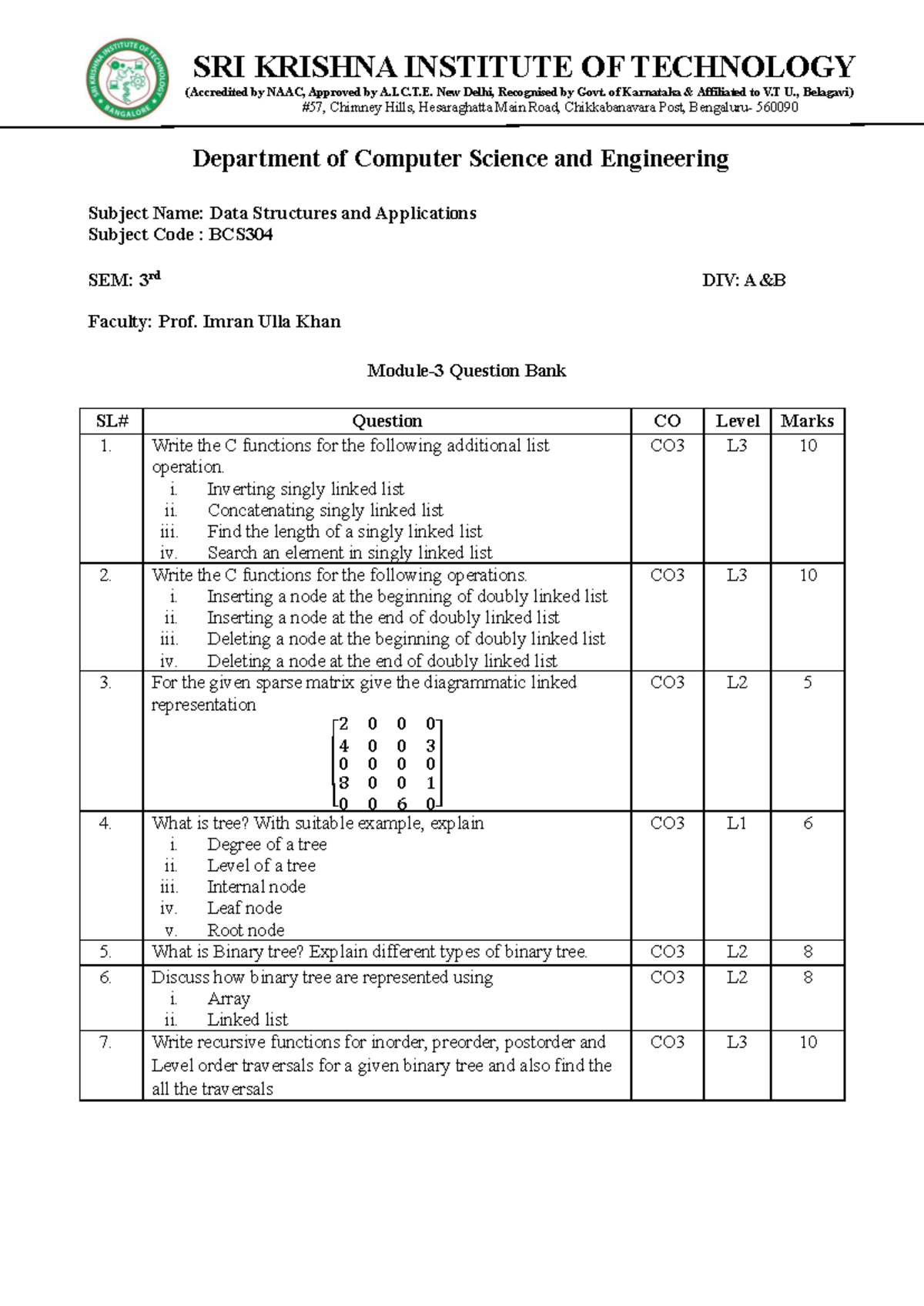 DSA BCS304 Sem 3 Question Bank: Linked Lists & Trees - Studocu