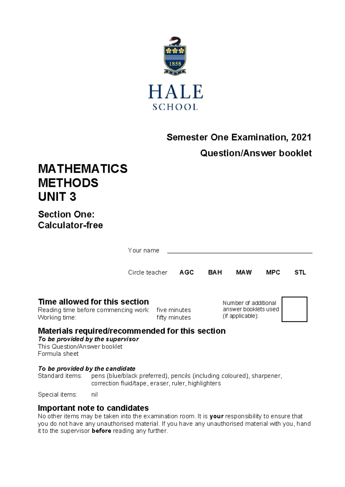 WAEP 2020 YR12 MATH METHODS U3 S2 SEM 1 EXAMINATION - Studocu