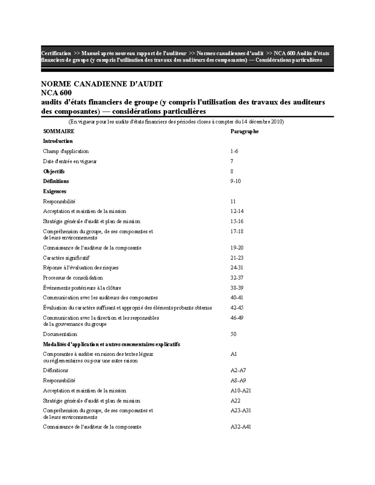 NCA 600 - Normes pour les Audits d'États Financiers de Groupe - Studocu