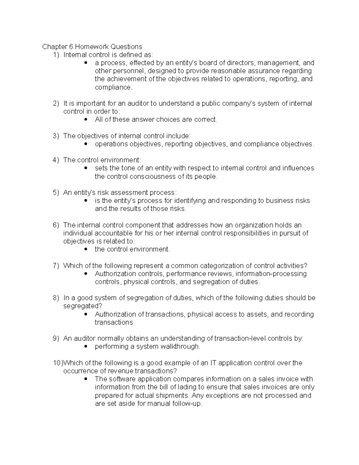 Chapter 6 Homework Qs on Internal Control Concepts - Studocu