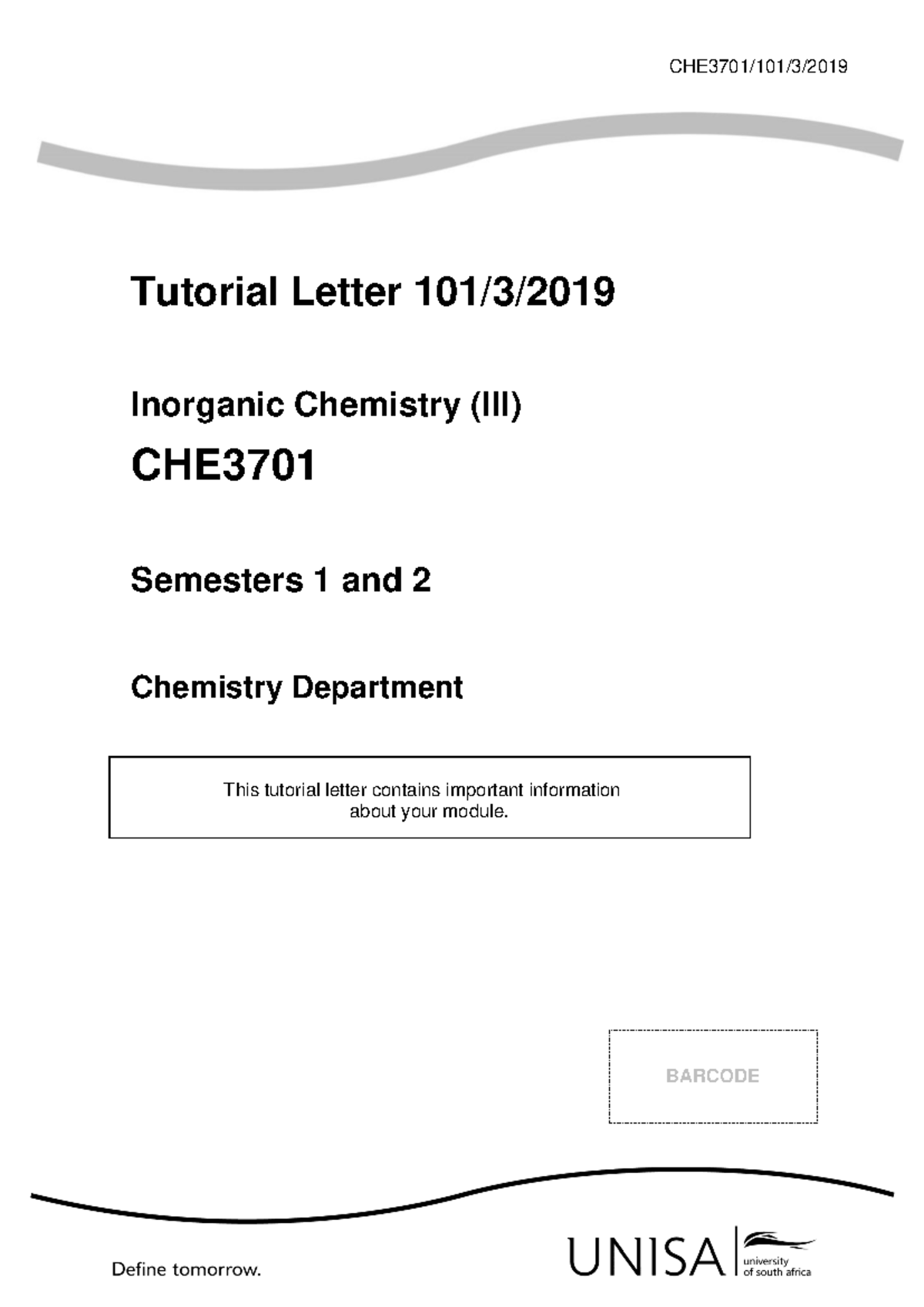 Inorganic Chemistry Tutorial Letter CHE3701: Essential Info & Resources ...