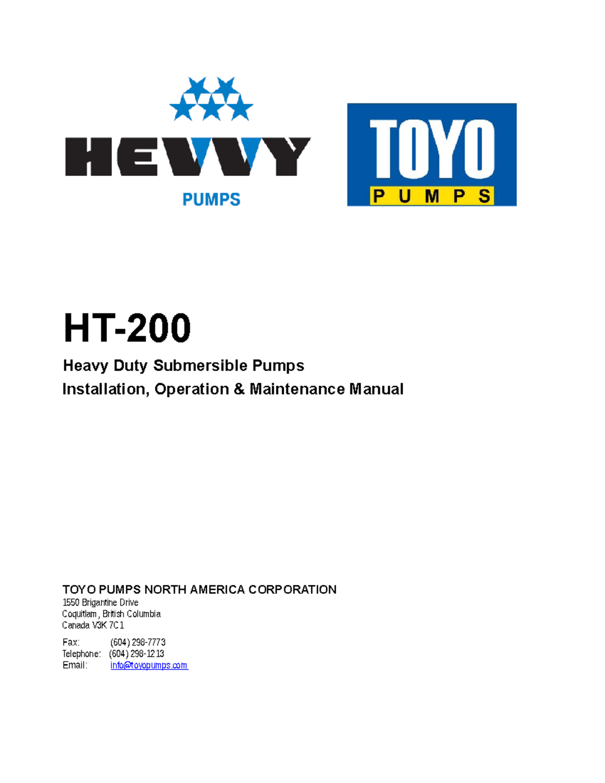 HT-200 Heavy Duty Submersible Pump Installation & Operation Manual ...