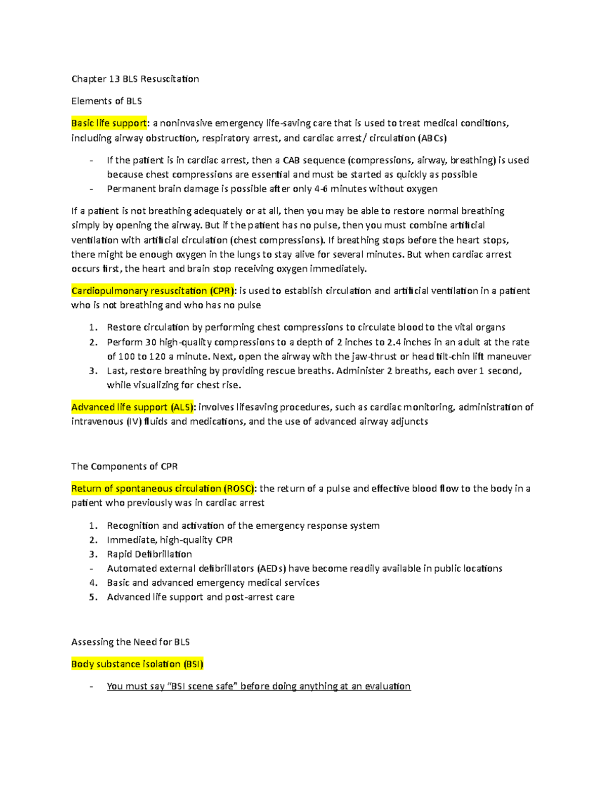 Chapter 13 BLS Resuscitation - Chapter 13 BLS Resuscitation Elements of ...