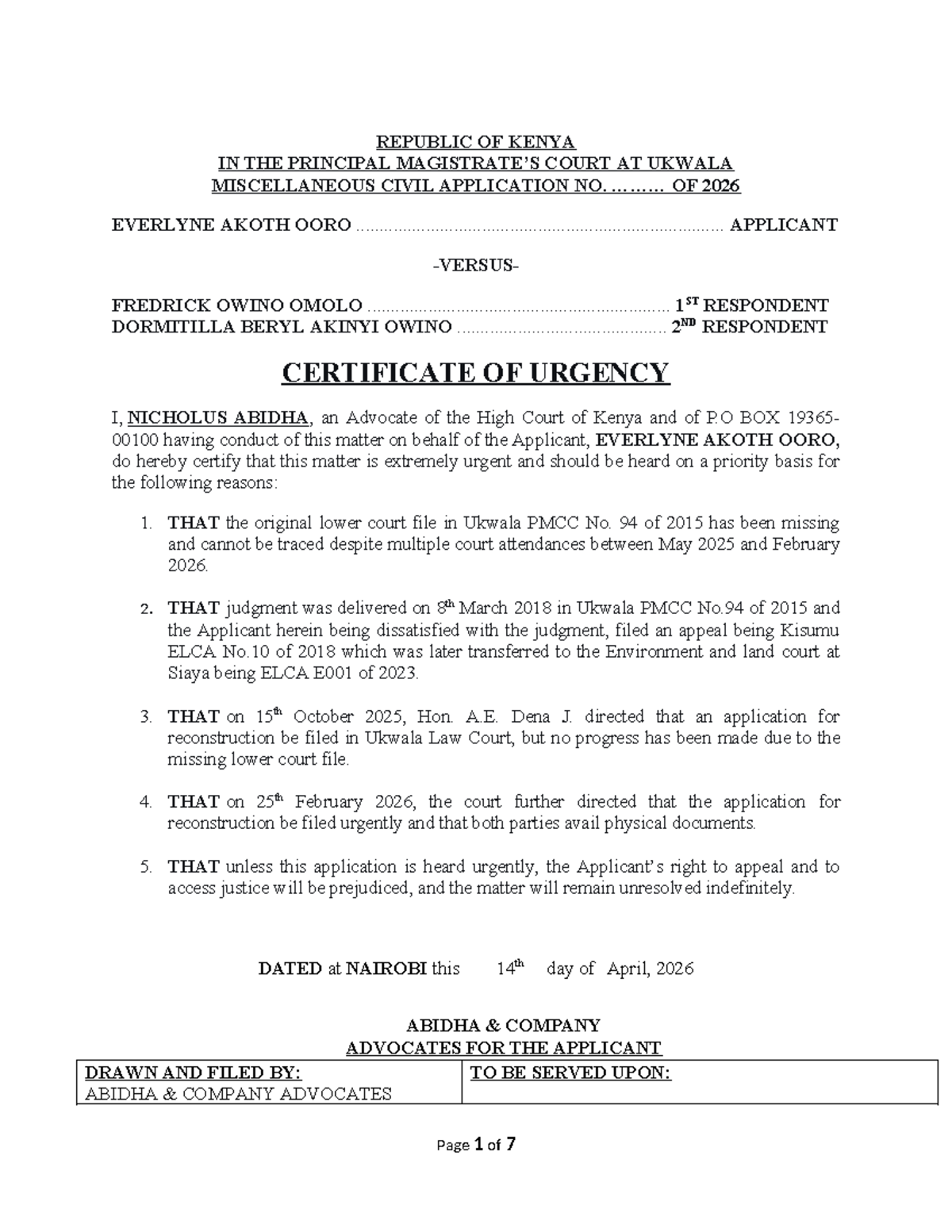 Application for Reconstruction in Ukwala MISC APP 2026: OORO vs OWINO ...