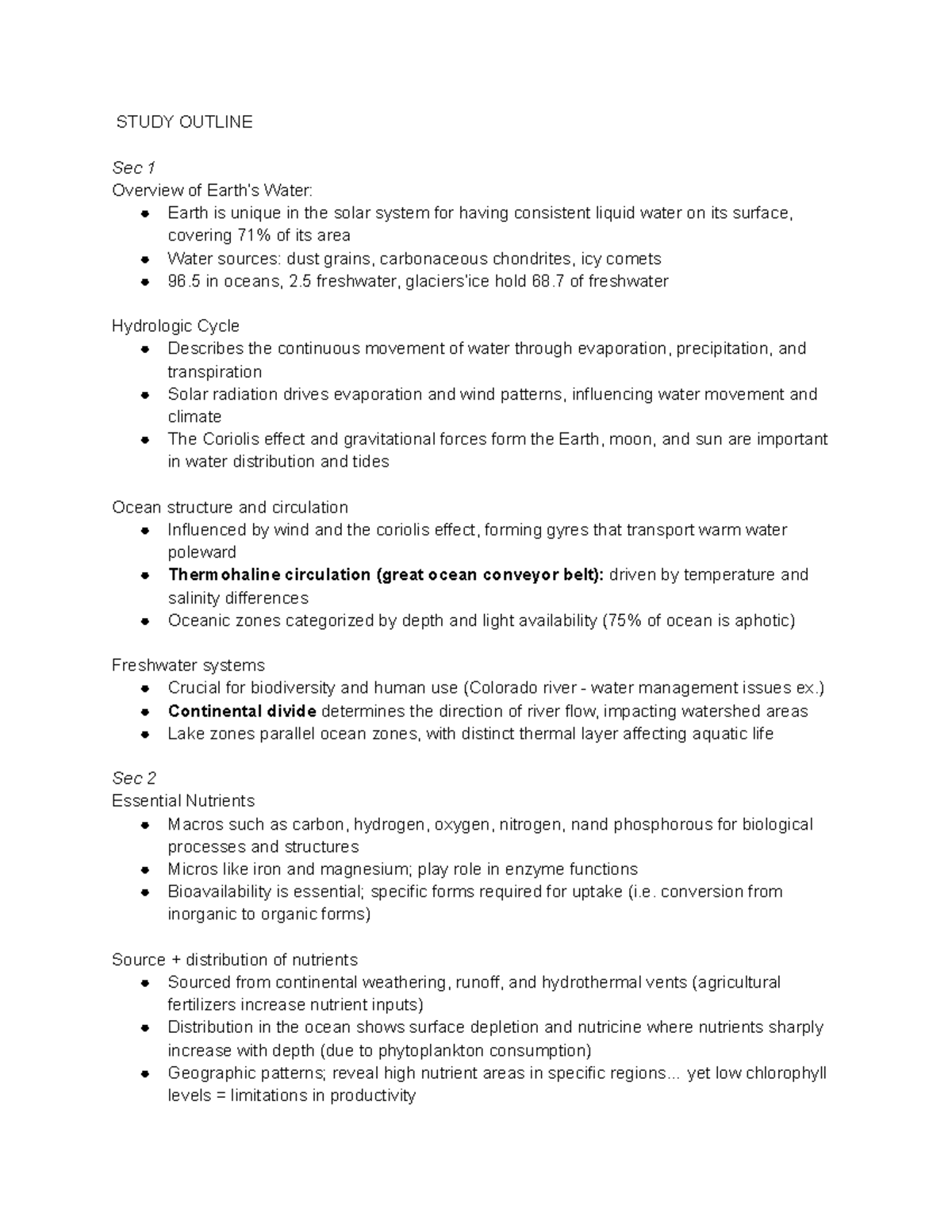 Aquatic Ecology Notes: Overview of Water and Essential Nutrients - Studocu