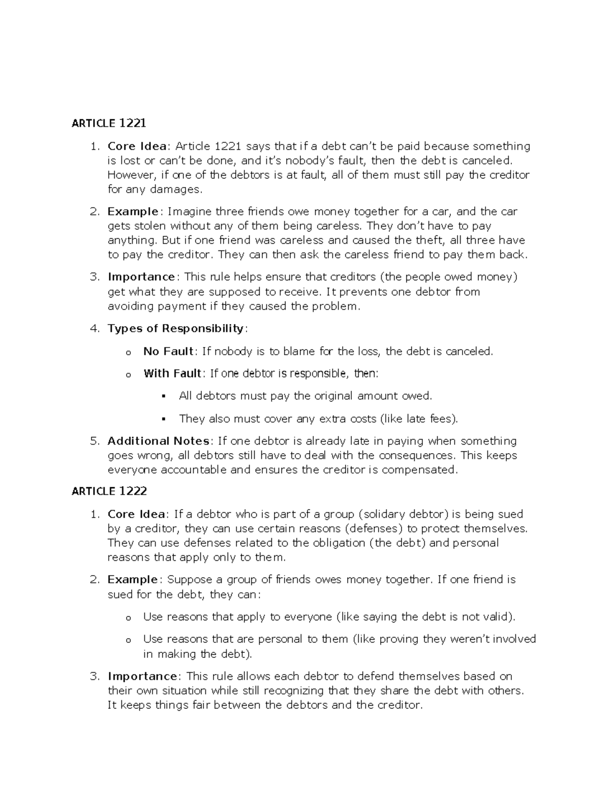 OBLICON NOTES: Articles 1221 - 1235 Overview and Key Takeaways - Studocu