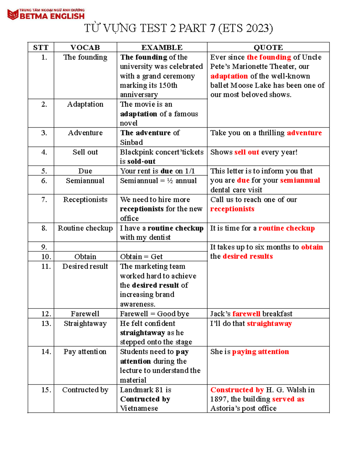 Từ Vựng Test 2 Part 7 (ETS 2023) - Vocabulary List and Examples - Studocu