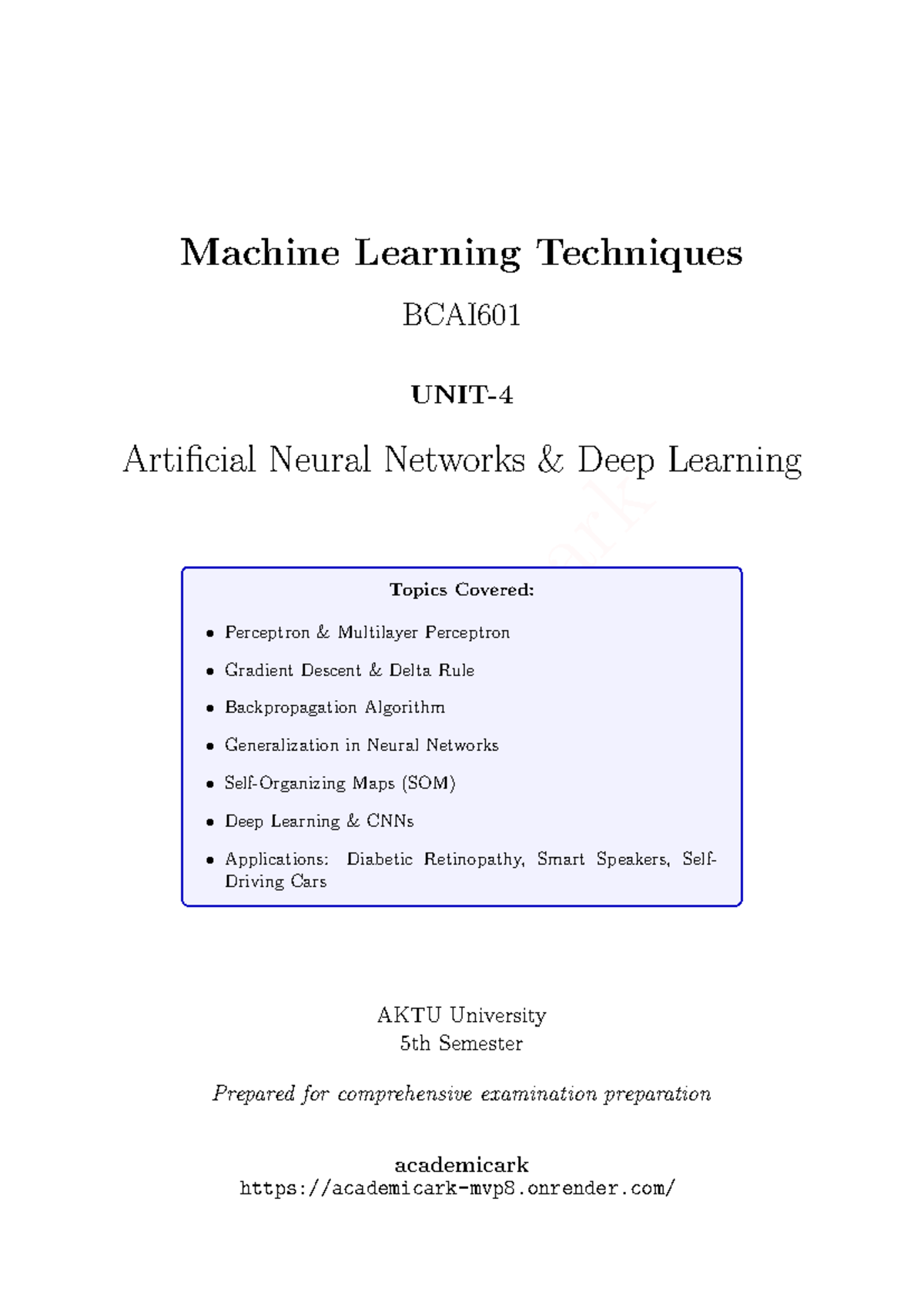 BCAI601 Machine Learning Techniques: ANNs & Deep Learning Notes - Studocu
