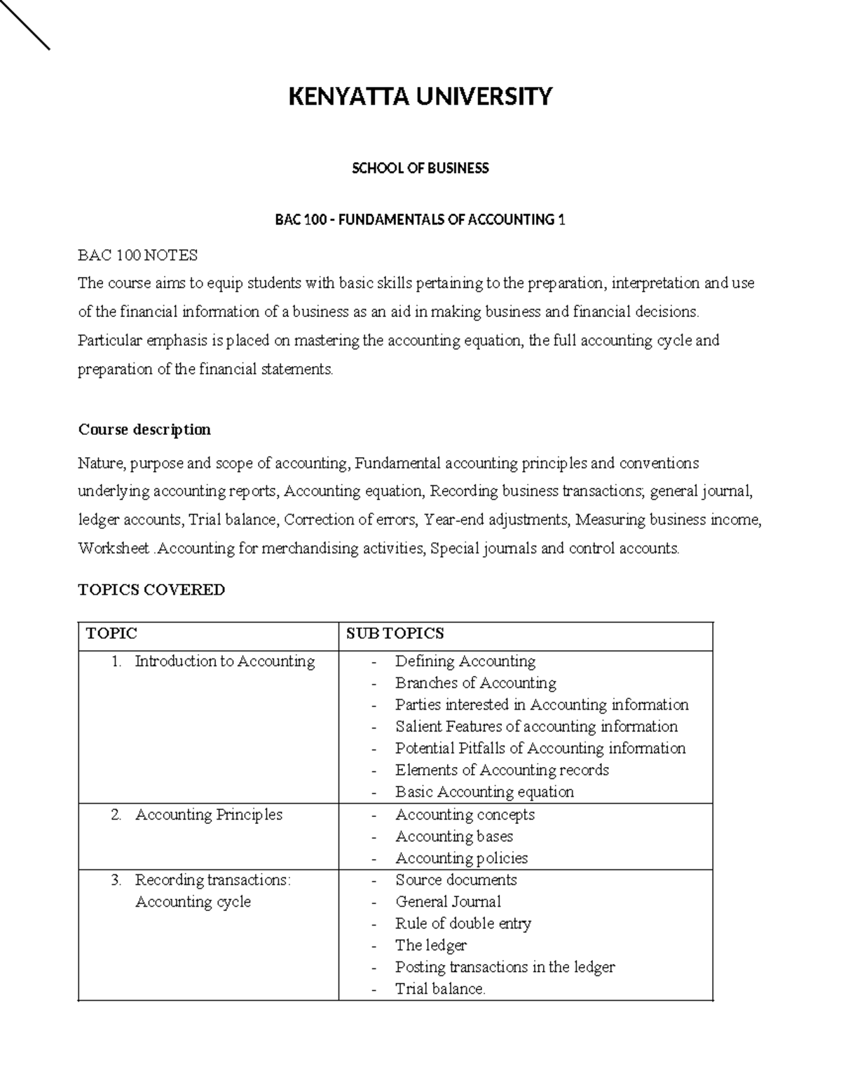 BAC 100 Fundamentals of Accounting 1: Comprehensive Study Notes - Studocu