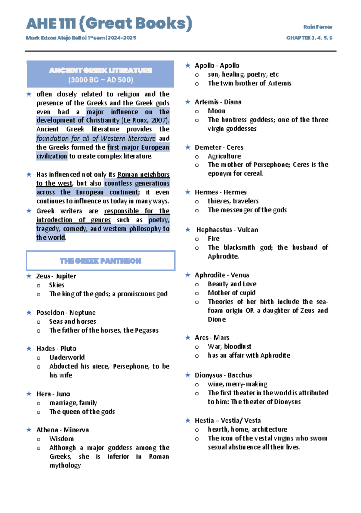 AHE (Great Books) CH 3-6: Insights into Ancient Greek Literature - Studocu