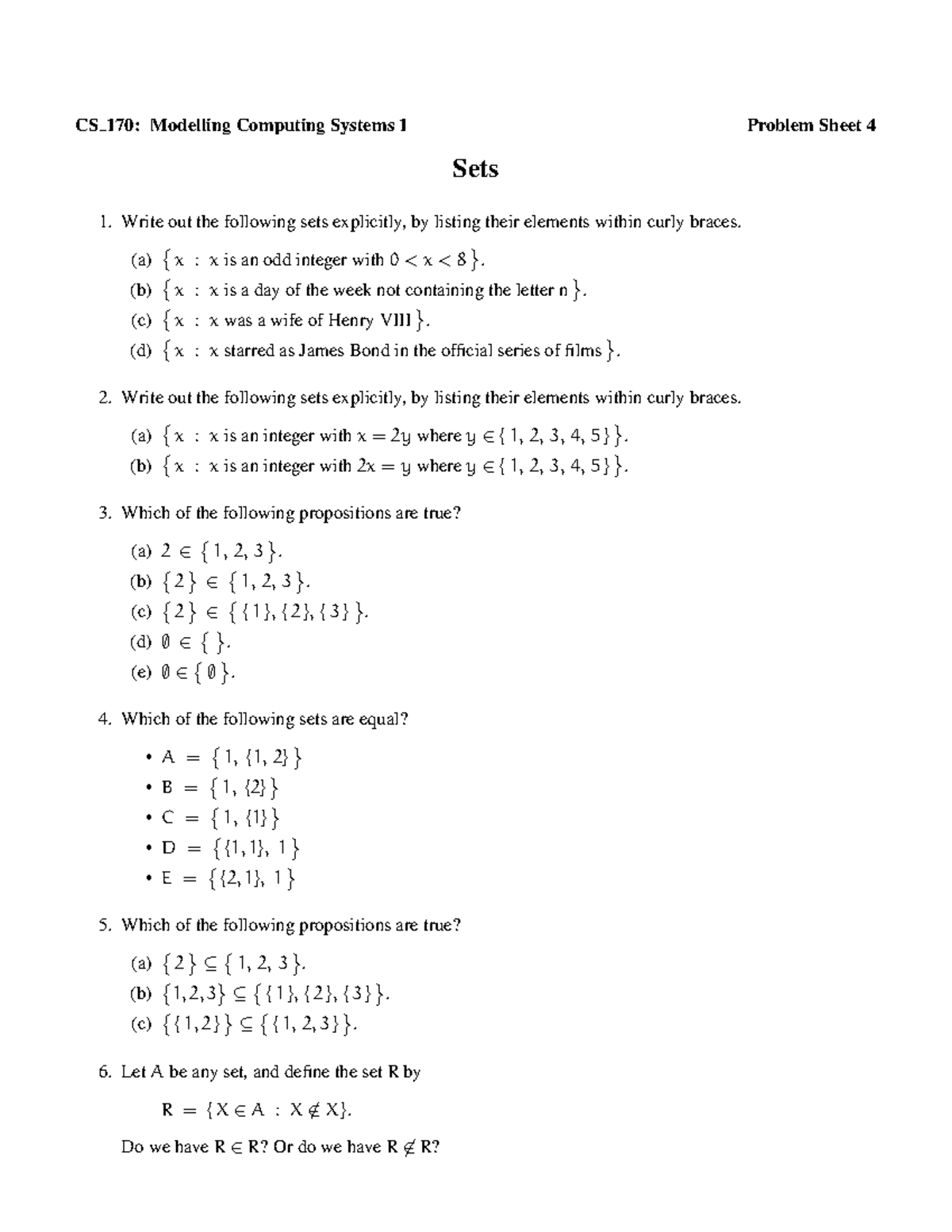 CS 170: Problem Sheet 4 - Sets and Propositions Analysis - Studocu
