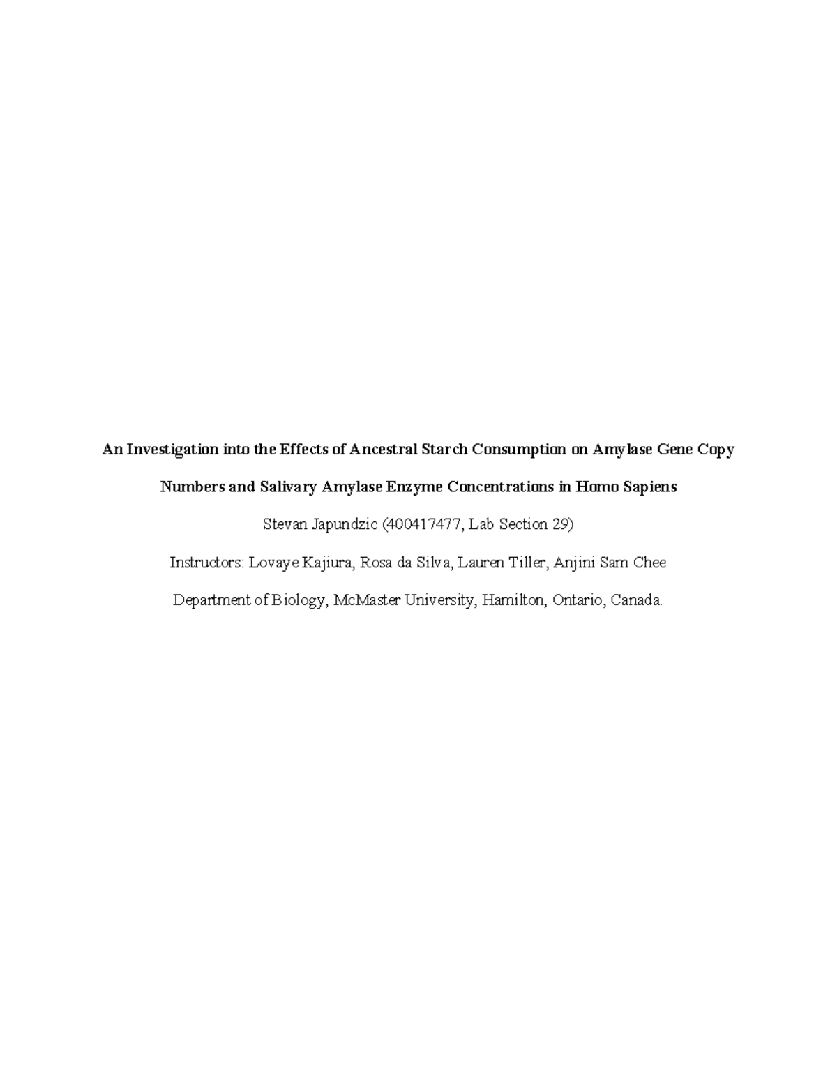 Formal Lab Report: Investigation of Ancestral Starch on Amylase ...