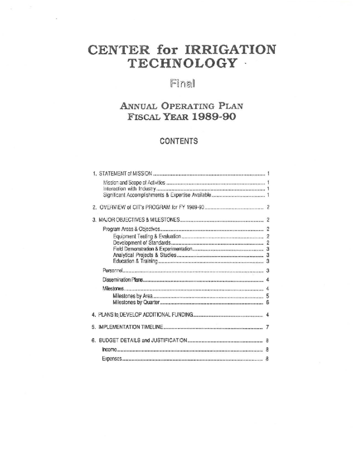 CIT Annual Operating Plan for Fiscal Year 1989-90 - CENTER for ...