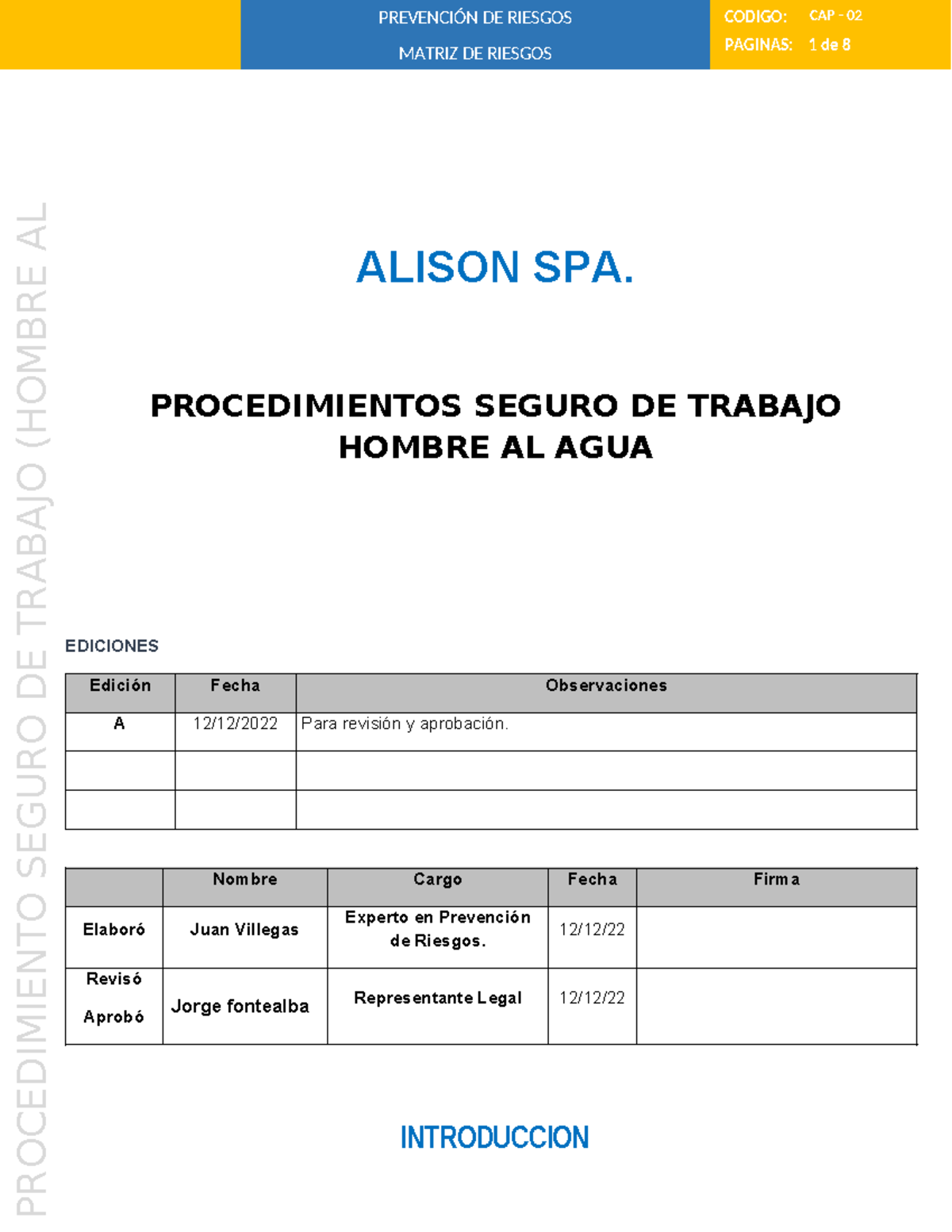PST Hombre Al Agua CMAR SPA - PAGINAS: CODIGO: 1 de 8 CAP - 02 MATRIZ ...