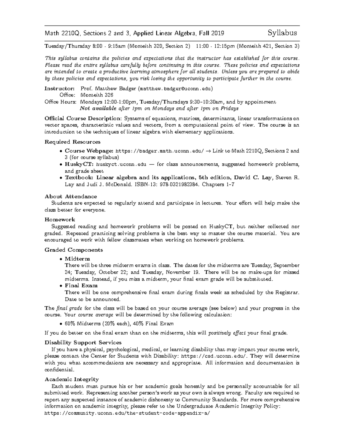 Math 2210Q - Fall 2019 Linear Algebra Course Syllabus - Studocu