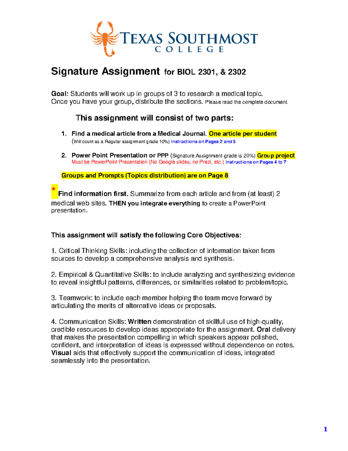 Signature Assignment for BIOL 2301 & 2302: Guidelines & Expectations ...