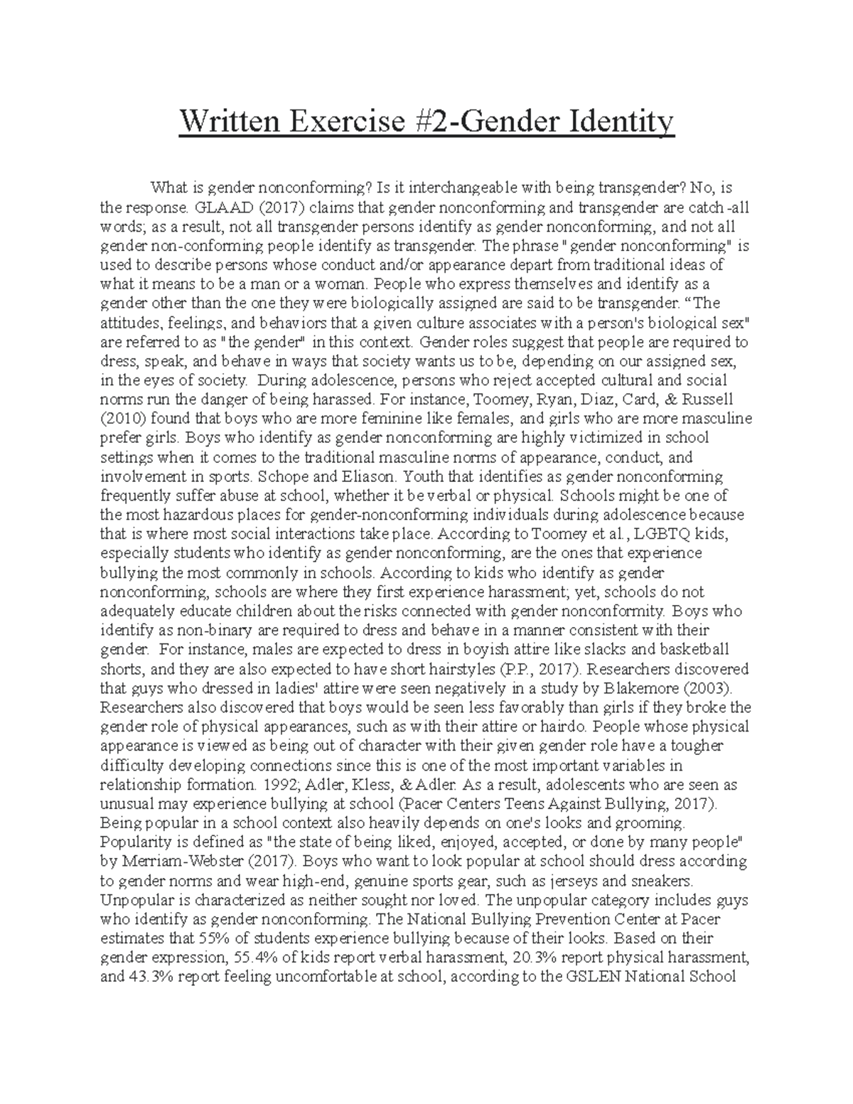 Written Exercise 2: Exploring Gender Nonconformity and Identity - Studocu