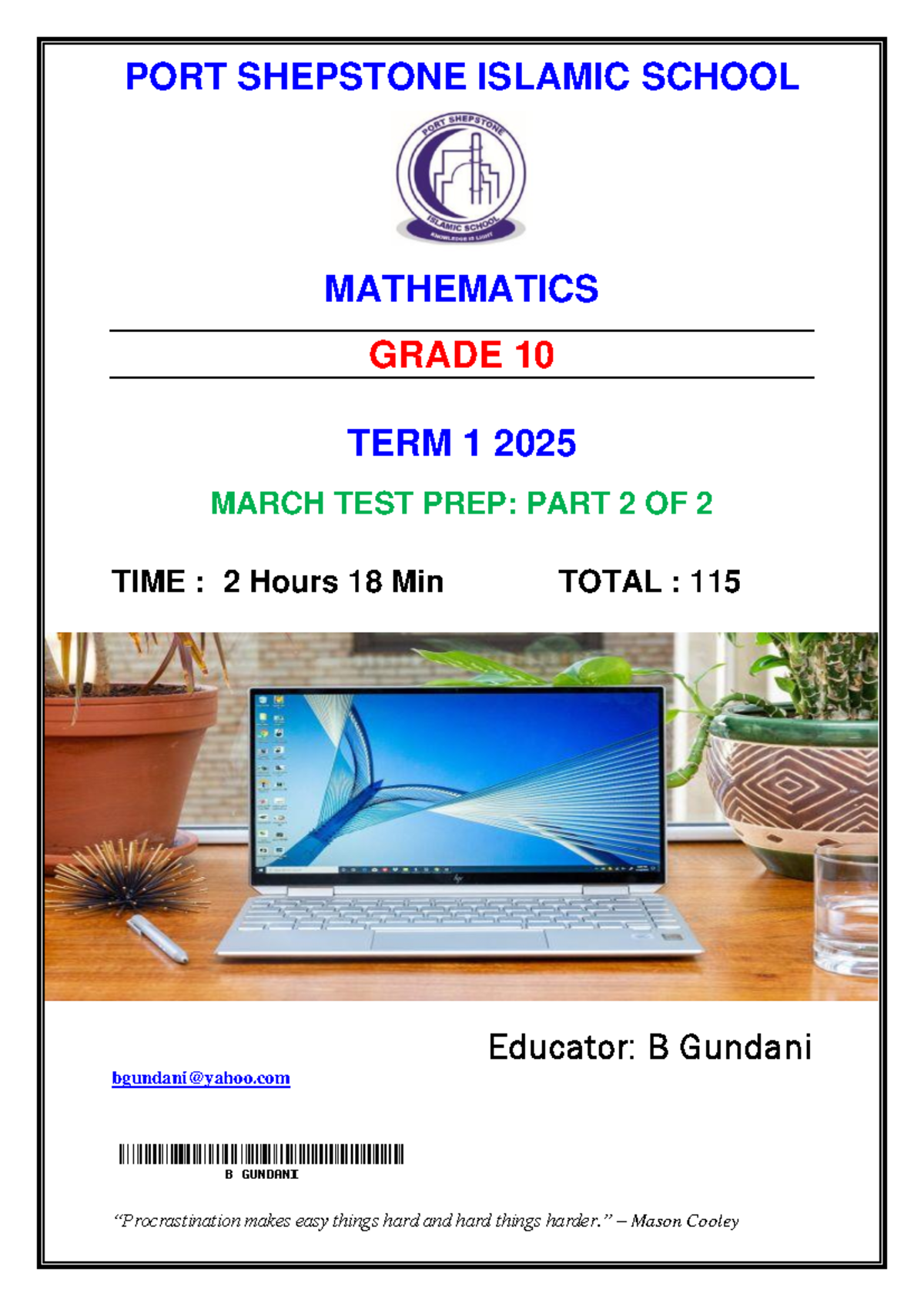GR10 PSIS MATH TERM 1 MARCH TEST PREP PART TWO 2025 - Studocu