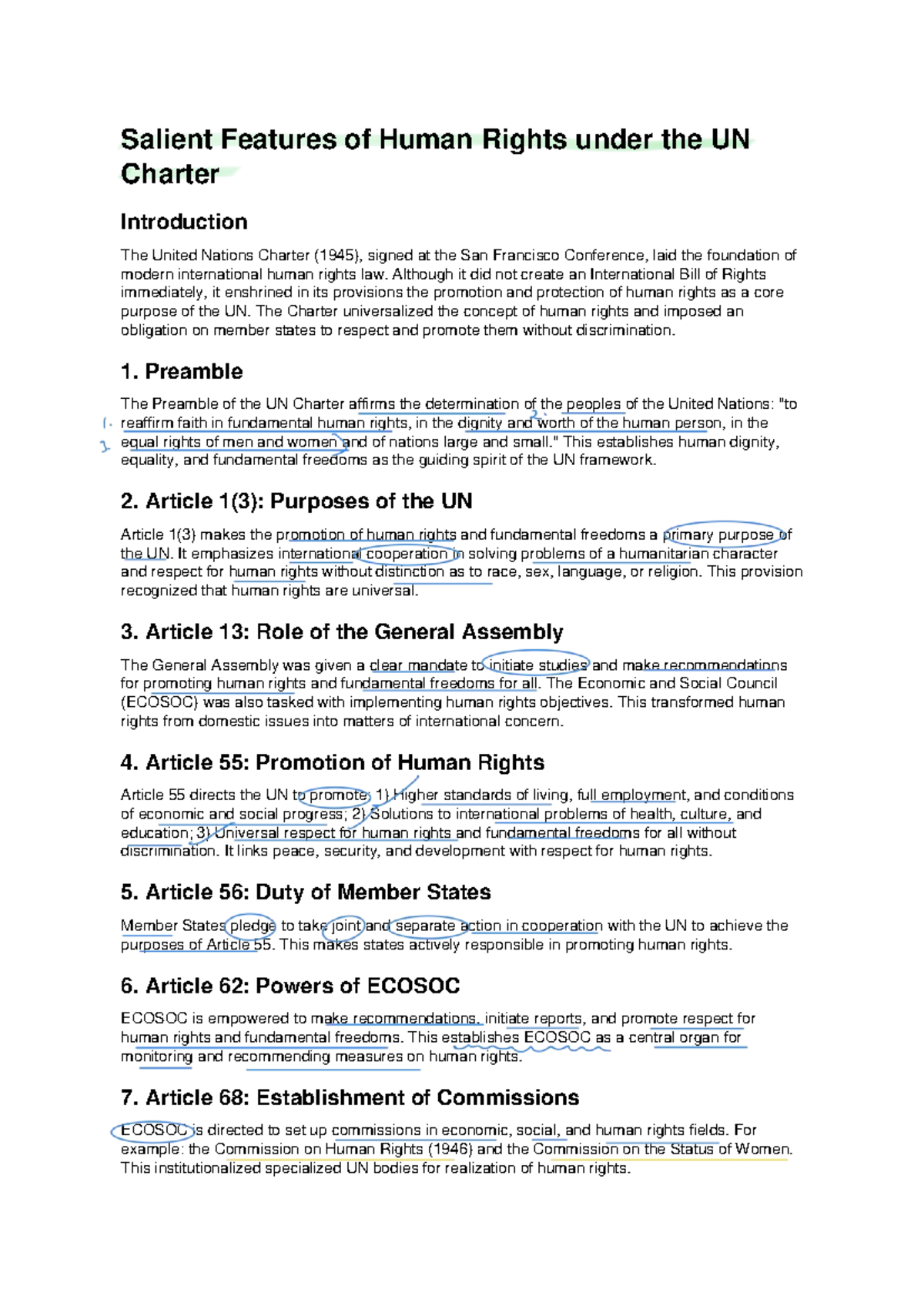 Human Rights Under the UN Charter: Key Features and Articles - Studocu