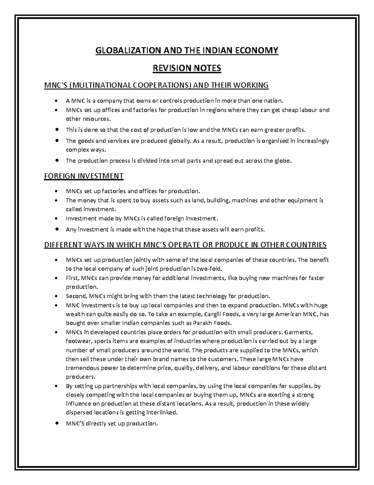 GLOBALIZATION AND THE INDIAN ECONOMY REVISION NOTES (MNCs) - Studocu