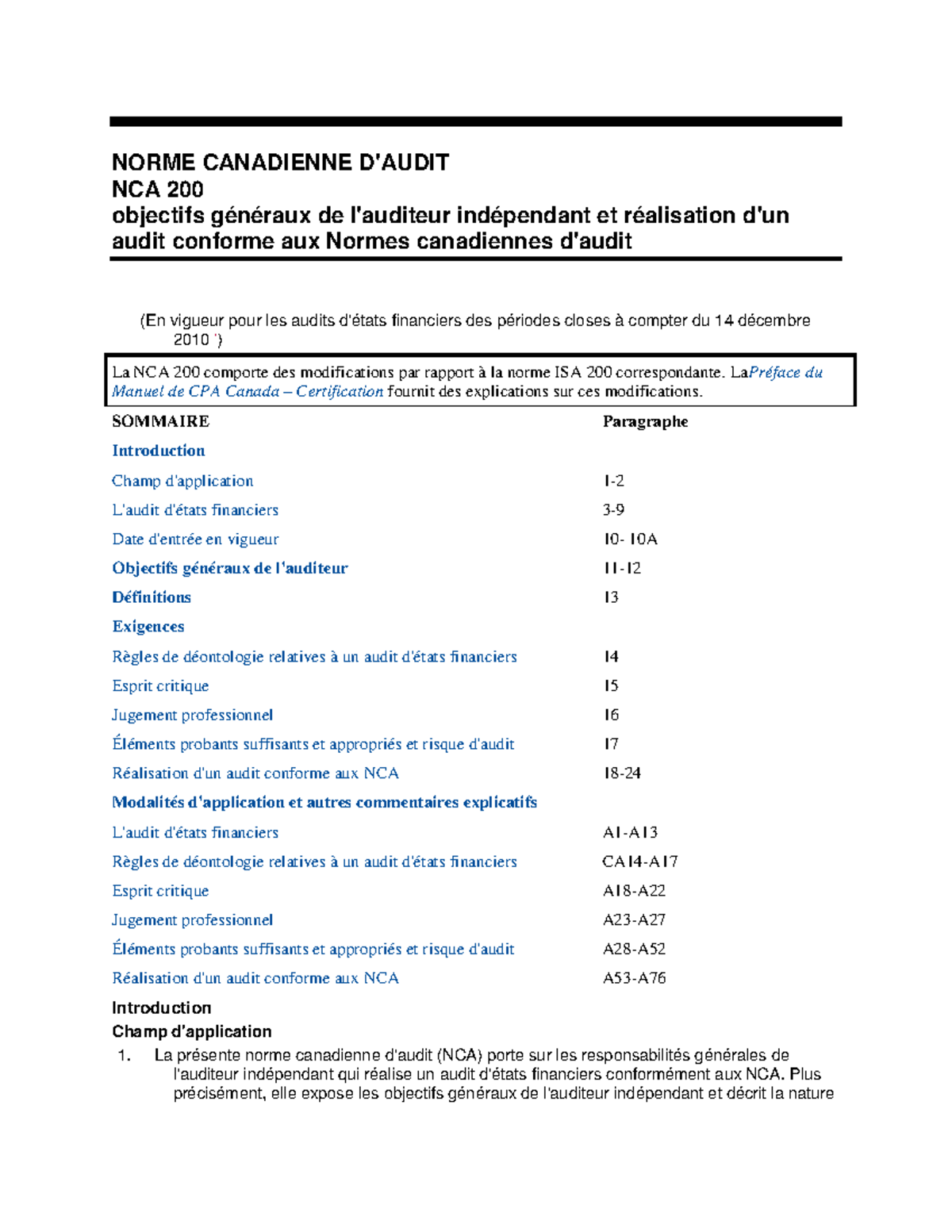 NCA200 - Normes Canadiennes d'Audit pour l'Examen Intra - Studocu