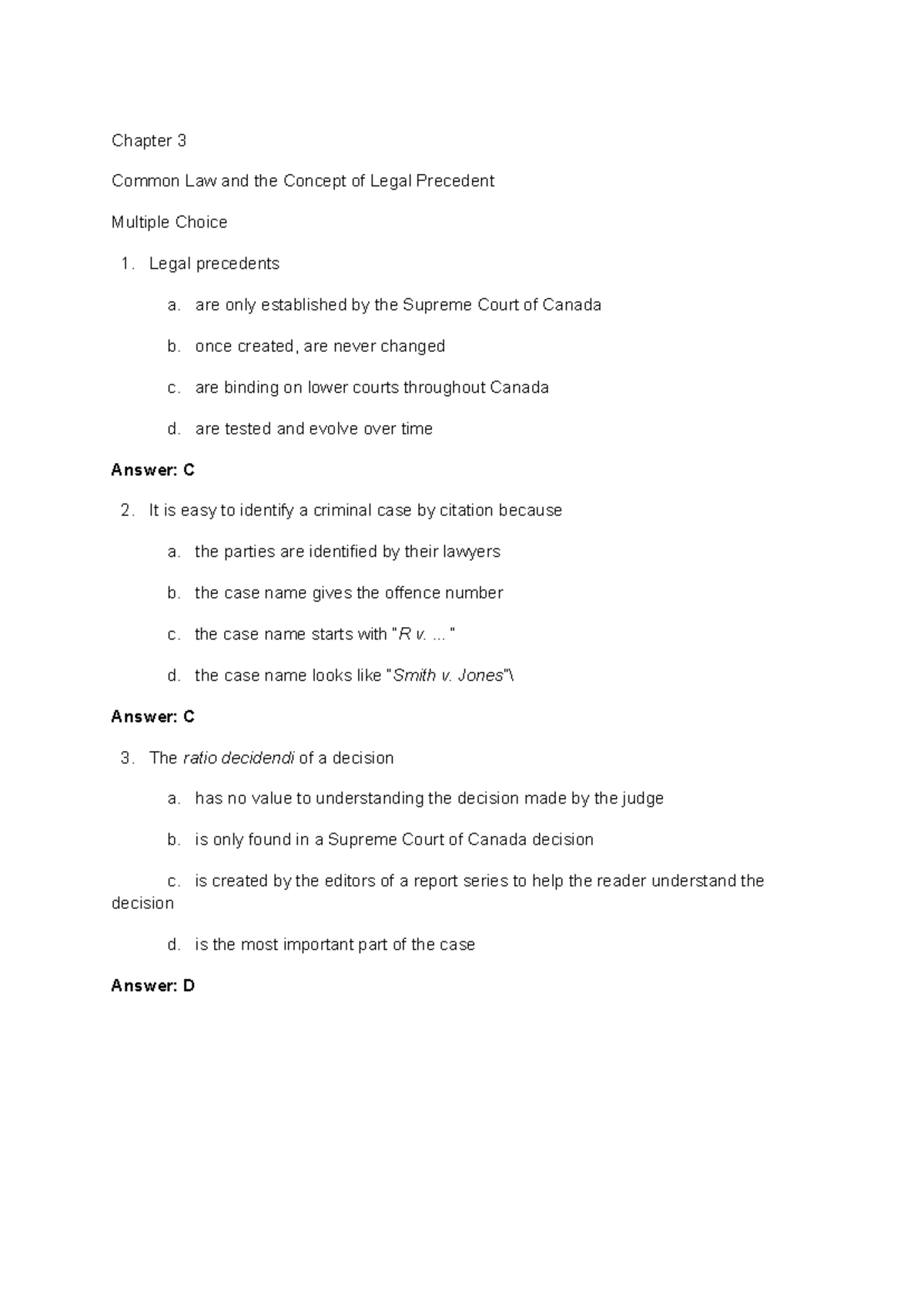 Common Law and Legal Precedent: Multiple Choice and True/False ...