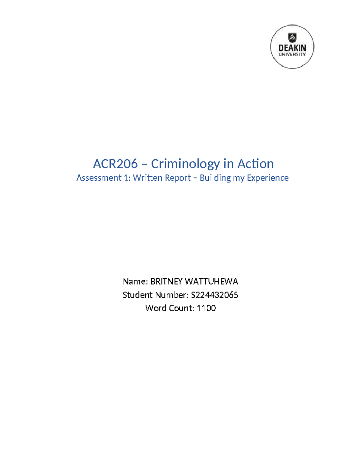 ACR206 Criminology in Action Assessment 1: Paralegal Experience Report ...