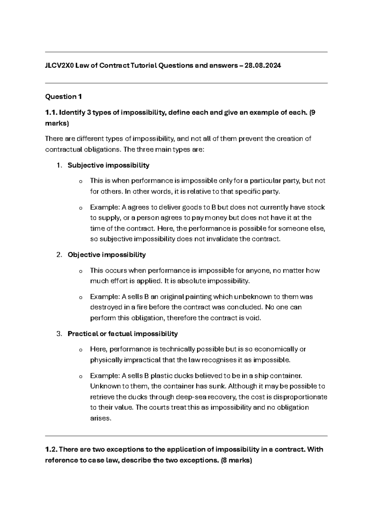 JLCV2X0 Law of Contract Tutorial Q&A - Semester 2 Test 1 - Studocu